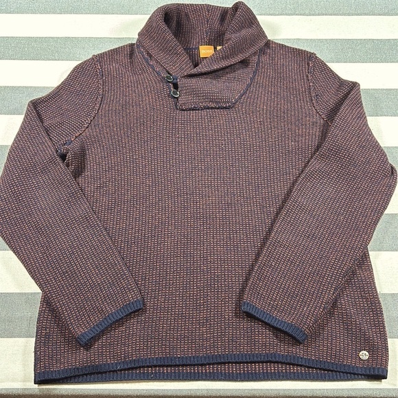 Hugo Boss Men’s Shawl Collar Virgin Wool Sweater XL — Navy & Brick Brown Knit - Picture 2 of 10